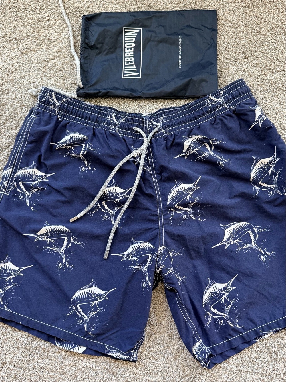 Vilebrequin Navy and White Marlin Print Swim Trunks